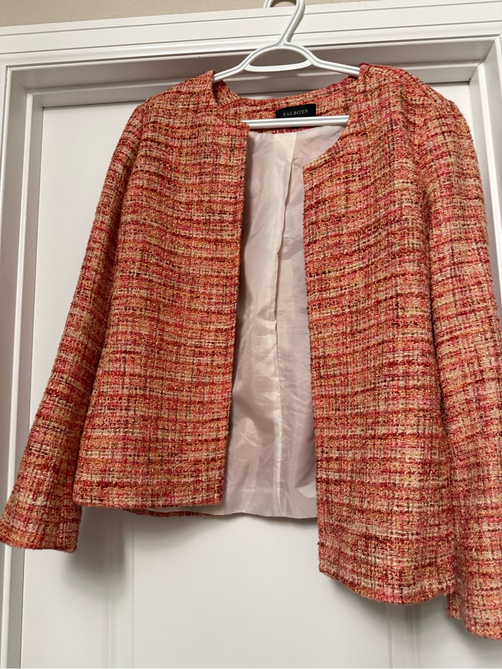 Talbots Pink-Orange Tweed Collarless Blazer